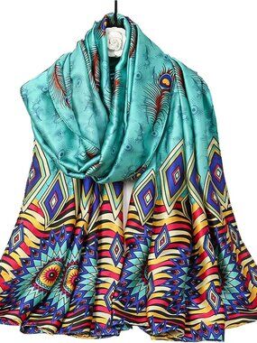 Women's Blue-Multi Lightweight Silk Scarves Flower Print Head Cotton Wrap Scarf
